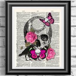Gothic Skull Art Print Set - Vintage Dictionary Page Wall Bird & Skeleton Decor Of 5 Upcycled Book Prints - thumbnail 1
