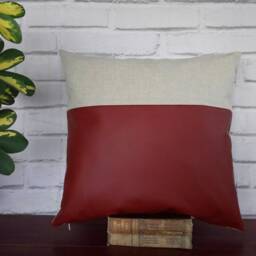 Cognac Faux Leather Pillow Cover Beige Cotton-Linen Accent - thumbnail 2