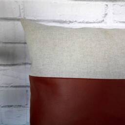 Cognac Faux Leather Pillow Cover Beige Cotton-Linen Accent - thumbnail 3