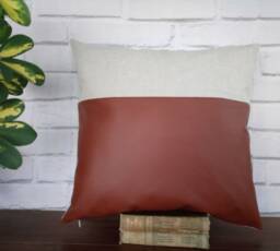 Cognac Faux Leather Pillow Cover Beige Cotton-Linen Accent - thumbnail 1
