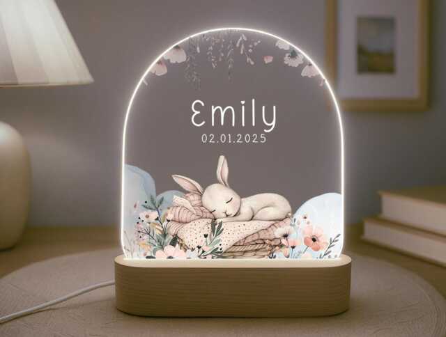 Personalised Children's Cute Bunny Night Light - Led Lamp Nursery Decor Baby Girl Gift For New Name Sign Easter - image 1