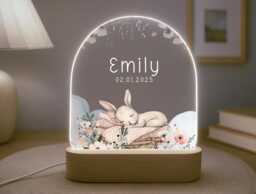 Personalised Children's Cute Bunny Night Light - Led Lamp Nursery Decor Baby Girl Gift For New Name Sign Easter - thumbnail 1