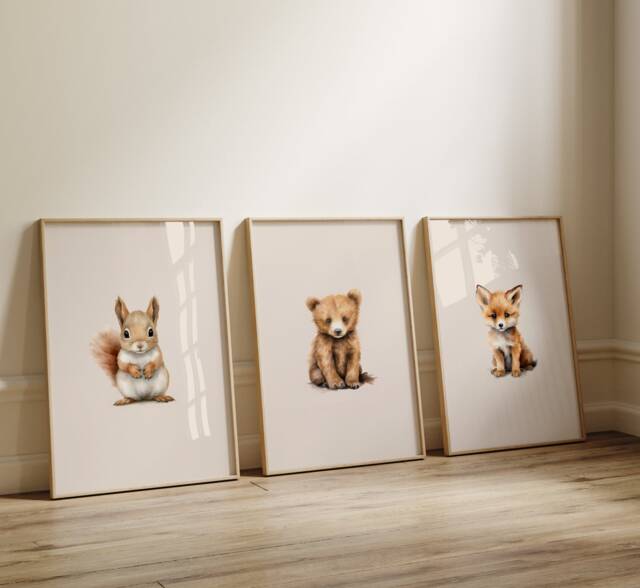Woodland Nursery Prints, Decor, Wall Art, Set Of 3 Animals - image 1