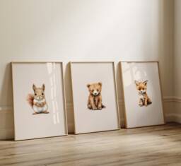 Woodland Nursery Prints, Decor, Wall Art, Set Of 3 Animals - thumbnail 1