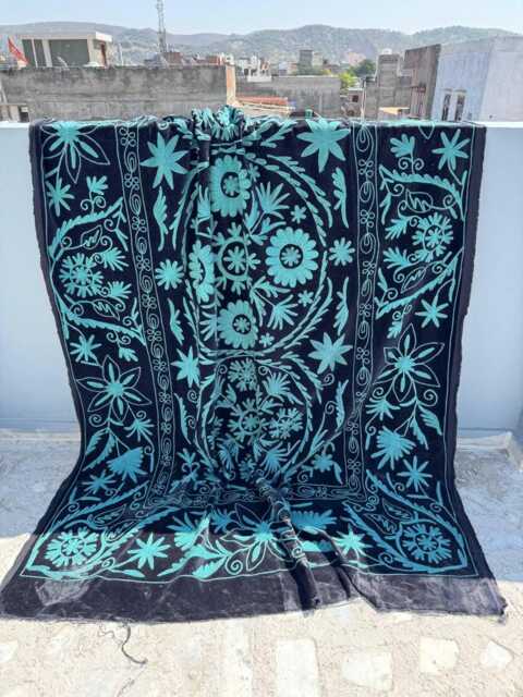Handmade Suzani Velvet Bedspread - Bohemian Ethnic Quilt - image 1