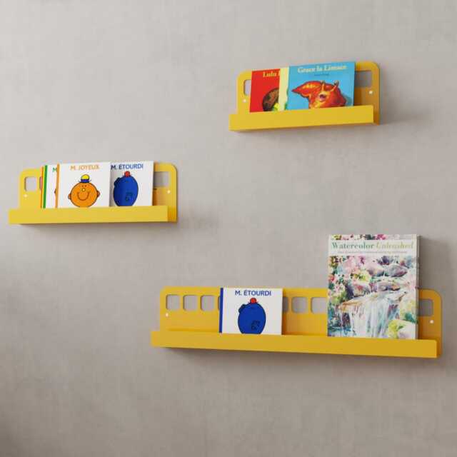 Nursery Bookshelf From Metal, Stainless Steel Kids Book Shelves, Colorful Wall Mounted Shelf Ledge, Floating Bus Form - image 1