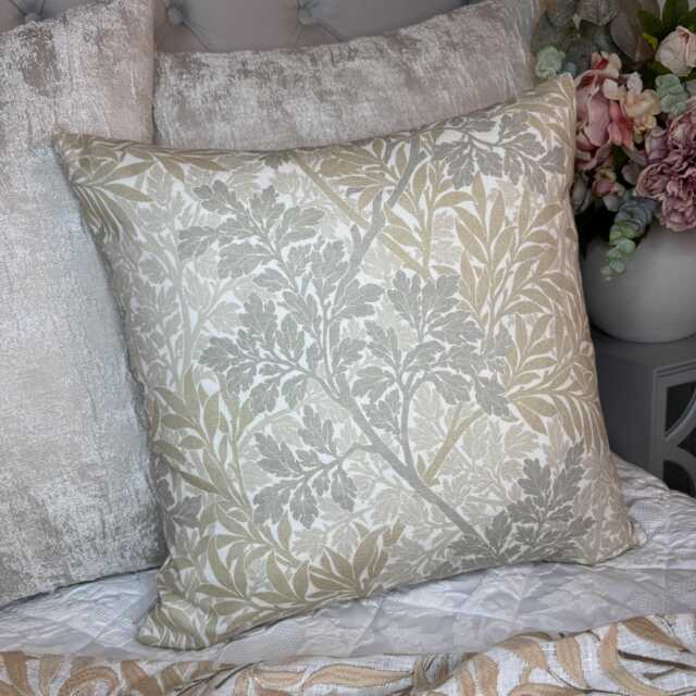 Handmade William Morris Foliage Barley Cushion Cover - Beige Grey Floral Cotton English Heritage Style - image 1