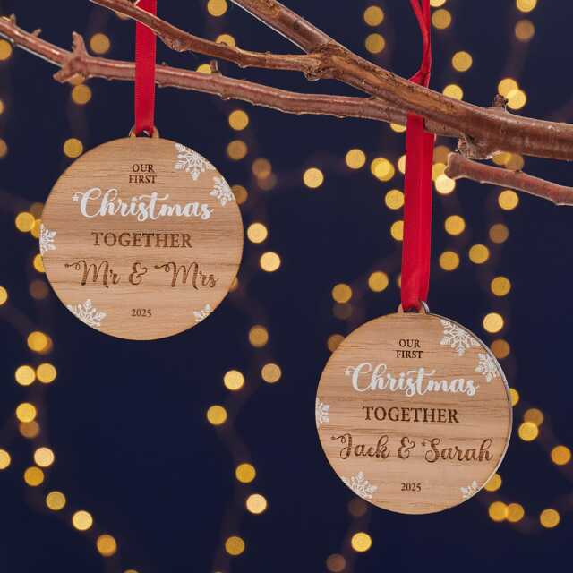 First Christmas Together Wooden Tree Decoration - Stocking Filler Decoration For Couple Newly Wed. Bauble Ornament - image 1