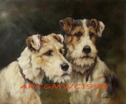 Two Wire-Haired Fox Terriers Oil Painting On Canvas - Inspired By Arthur Wardle - thumbnail 1