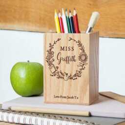 Personalised Teacher Oak Pencil Pot - Wreath