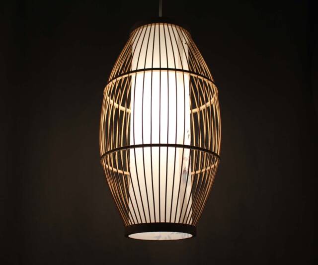 Bamboo Waist Drum Pendant Light - White Parchment Lampshade - image 1
