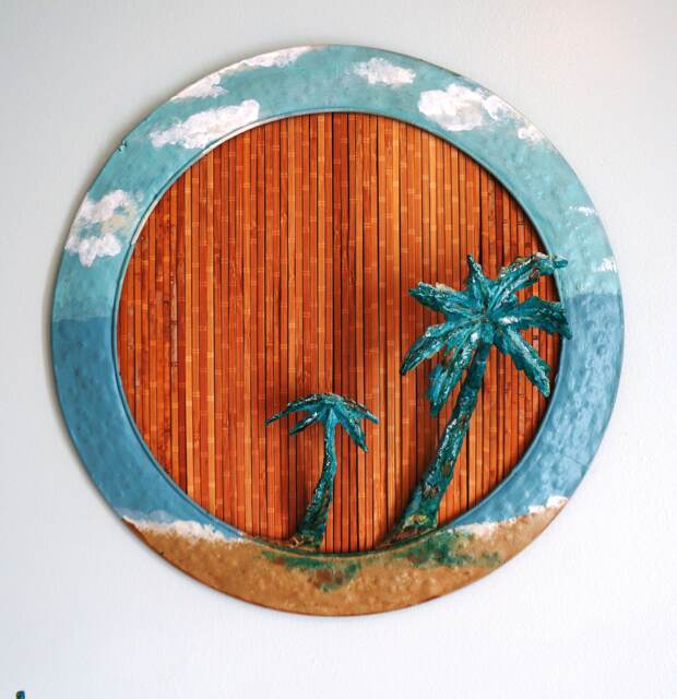 Beach Wall Art, Bamboo & Metal Painted Scene, Home Decor, Palm Tree Hand Made Art - image 1
