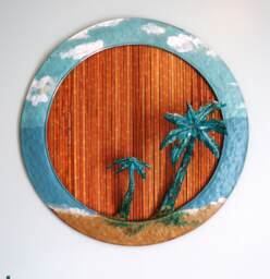 Beach Wall Art, Bamboo & Metal Painted Scene, Home Decor, Palm Tree Hand Made Art - thumbnail 1