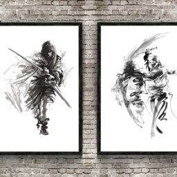 Samurai Ink Painting Art Print Set Bushido Japanese Decor - thumbnail 2
