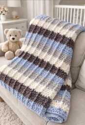 striped Crochet Baby Blanket - Handmade Knit Throw Neutral Soft Cozy Gift Modern Nursery Ready To Ship - thumbnail 1