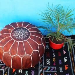 Moroccan Tan Leather Pouf, Ottoman Foot Stool, Home Decor, Gift For Anniversary & Housewarming - thumbnail 2