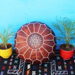 Moroccan Tan Leather Pouf, Ottoman Foot Stool, Home Decor, Gift For Anniversary & Housewarming - thumbnail 3