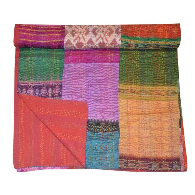 Patchwork Kantha Quilt Indian Handmade Gudari Blanket Throw Cotton Bedspread Silk Sari Quilt, Hand Quilted Blankets - image 1