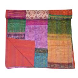 Patchwork Kantha Quilt Indian Handmade Gudari Blanket Throw Cotton Bedspread Silk Sari Quilt, Hand Quilted Blankets
