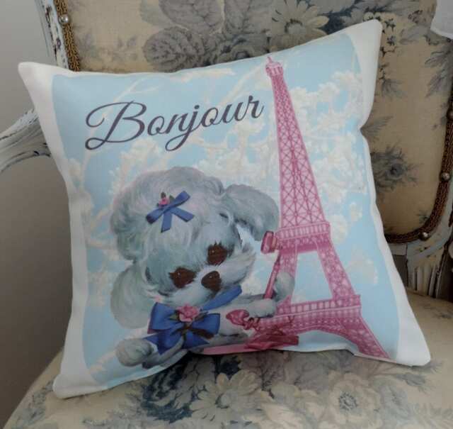 Vintage Kitsch French Poodle Eiffel Tower Paris Pillow, Nursery Decor, Birthday Gift