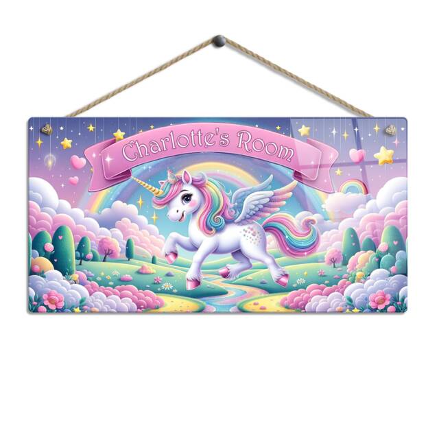 Personalised Children's Room Sign With Name. Fairytale Unicorn Rainbow - 3 Gloss Metal Wall Art. Baby, Toddler, Infant Or Childs Bedroom - image 1