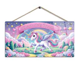 Personalised Children's Room Sign With Name. Fairytale Unicorn Rainbow - 3 Gloss Metal Wall Art. Baby, Toddler, Infant Or Childs Bedroom
