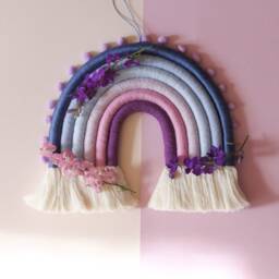 Summer Lavender Macrame Rainbow Wall Hanging With Pompoms, Fiber Rainbow, Nursery Wall Decor - thumbnail 3