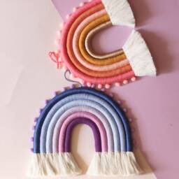 Lavender Macrame Rainbow Wall Hanging With Pompoms, Fiber Nursery Decor - thumbnail 4