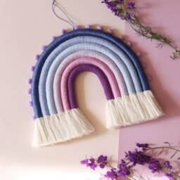 Summer Lavender Macrame Rainbow Wall Hanging With Pompoms, Fiber Rainbow, Nursery Wall Decor - thumbnail 2