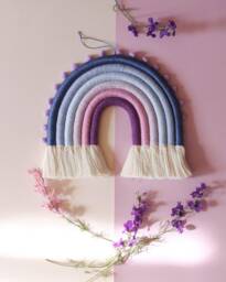 Lavender Macrame Rainbow Wall Hanging With Pompoms, Fiber Nursery Decor