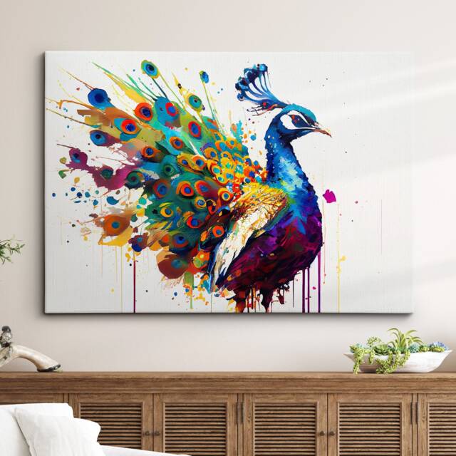 Beautiful Peacock Animal Abstract Bird Oil Painting Splatter Style Wall Art Framed Canvas Poster Print, Home/Office Room Decor Gifts - image 1