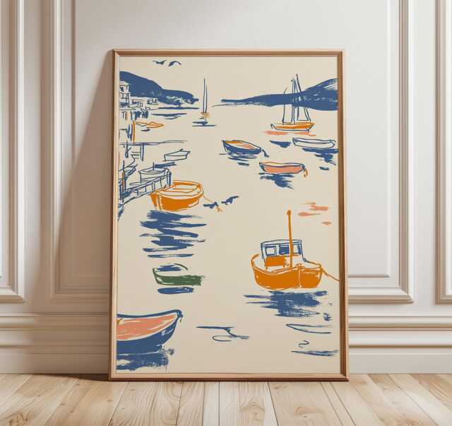 Coastal Boats Art Print, Mediterranean Harbor Poster, Nautical Wall Art, Seaside Illustration, Blue & Orange Maritime Home Decor - image 1