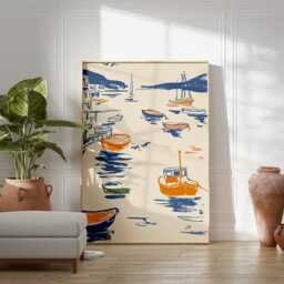 Coastal Boats Art Print, Mediterranean Harbor Poster, Nautical Wall Art, Seaside Illustration, Blue & Orange Maritime Home Decor - thumbnail 3