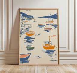 Coastal Boats Art Print, Mediterranean Harbor Poster, Nautical Wall Art, Seaside Illustration, Blue & Orange Maritime Home Decor - thumbnail 1