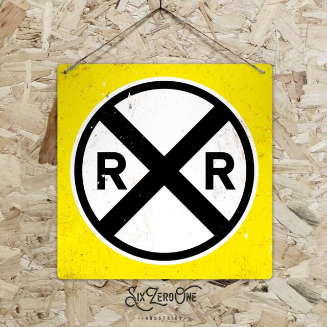 Railroad Crossing Metal Sign - Blue Vintage Worn Rusty Look Printed Railway Subway Navy Train Model Room Warning Danger - image 1