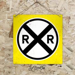 Railroad Crossing Metal Sign - Blue Vintage Worn Rusty Look Printed Railway Subway Navy Train Model Room Warning Danger - thumbnail 1