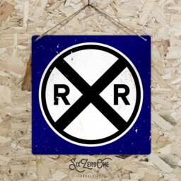 Railroad Crossing Metal Sign - Blue Vintage Worn Rusty Look Printed Railway Subway Navy Train Model Room Warning Danger - thumbnail 3