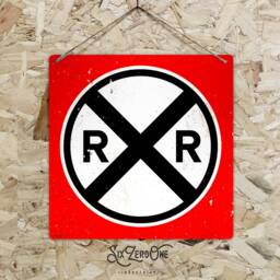 Railroad Crossing Metal Sign - Blue Vintage Worn Rusty Look Printed Railway Subway Navy Train Model Room Warning Danger - thumbnail 2
