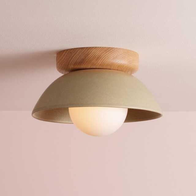 Green Small Dawn Ceiling Light in Ceramic & Oak - image 1