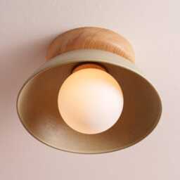 Green Small Dawn Ceiling Light in Ceramic & Oak - thumbnail 2