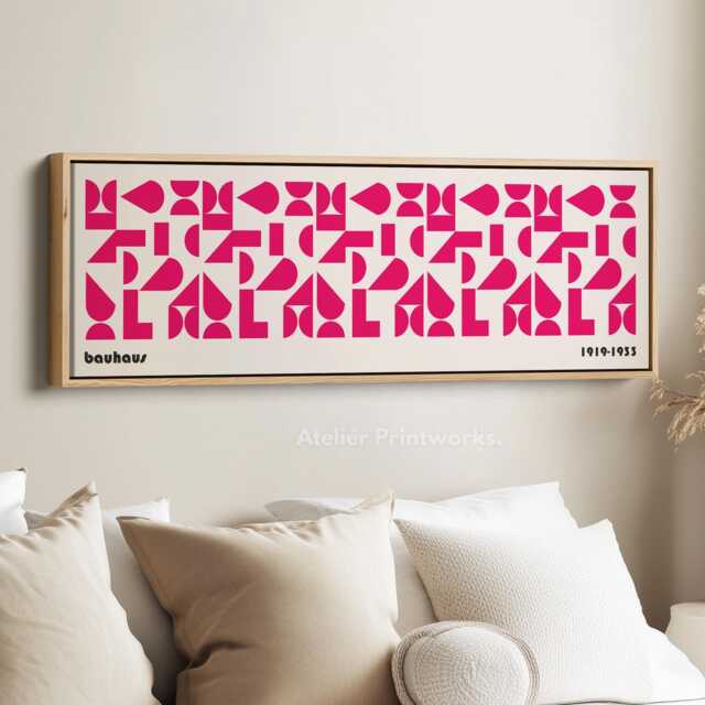 Pink White Bauhaus Art Horizontal Geometric Wall Art Framed Canvas Retro Style Long Wide For Living Room Or Bedroom - image 1