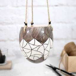 Hand-Carved Hanging Ceramic Planter Succulent & Air Plant Pot - thumbnail 3