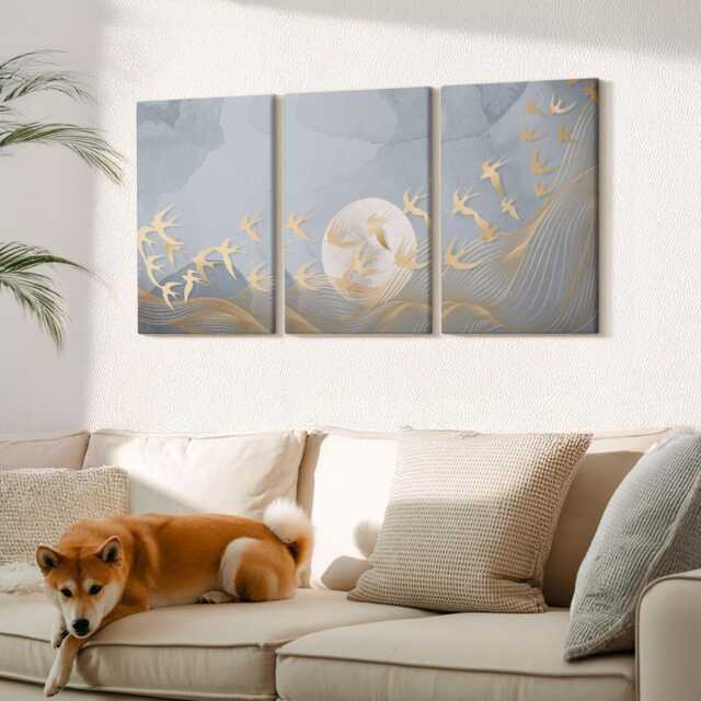 Canvas Set Of 3 Wall Art - Birds in Flight Against The Sky & Moon, Gray Art, Abstract Hanging Piece - image 1