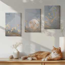 Canvas Set Of 3 Wall Art - Birds in Flight Against The Sky & Moon, Gray Art, Abstract Hanging Piece - thumbnail 3