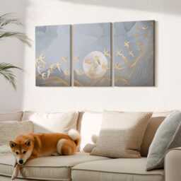 Canvas Set Of 3 Wall Art - Birds in Flight Against The Sky & Moon, Gray Art, Abstract Hanging Piece - thumbnail 1
