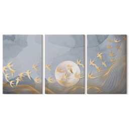 Canvas Set Of 3 Wall Art - Birds in Flight Against The Sky & Moon, Gray Art, Abstract Hanging Piece - thumbnail 2