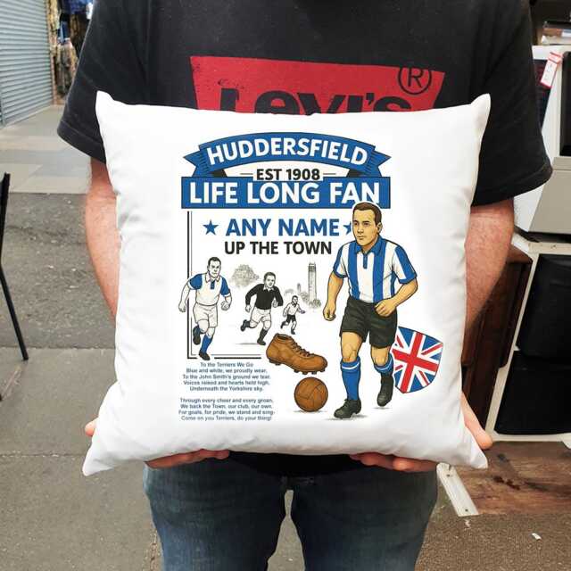 Personalised Retro Huddersfield Town Fan Cushion. With Any Name. Football Fan Cushion Personalised Gift - image 1
