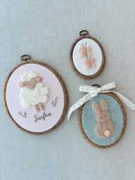 Personalized Nursery Wall Art Set - Needle Felted Lamb, Bunny & Butterfly Hoops Custom Baby Name Embroidery Gift Girl Decor - thumbnail 1