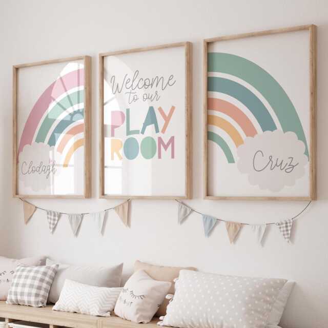 Set Of 3 Rainbow Prints, Personalised Playroom Shared Bedroom, Colourful, Brother Sister Wall Art, Decor - image 1