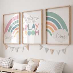 Set Of 3 Rainbow Prints, Personalised Playroom Shared Bedroom, Colourful, Brother Sister Wall Art, Decor - thumbnail 1